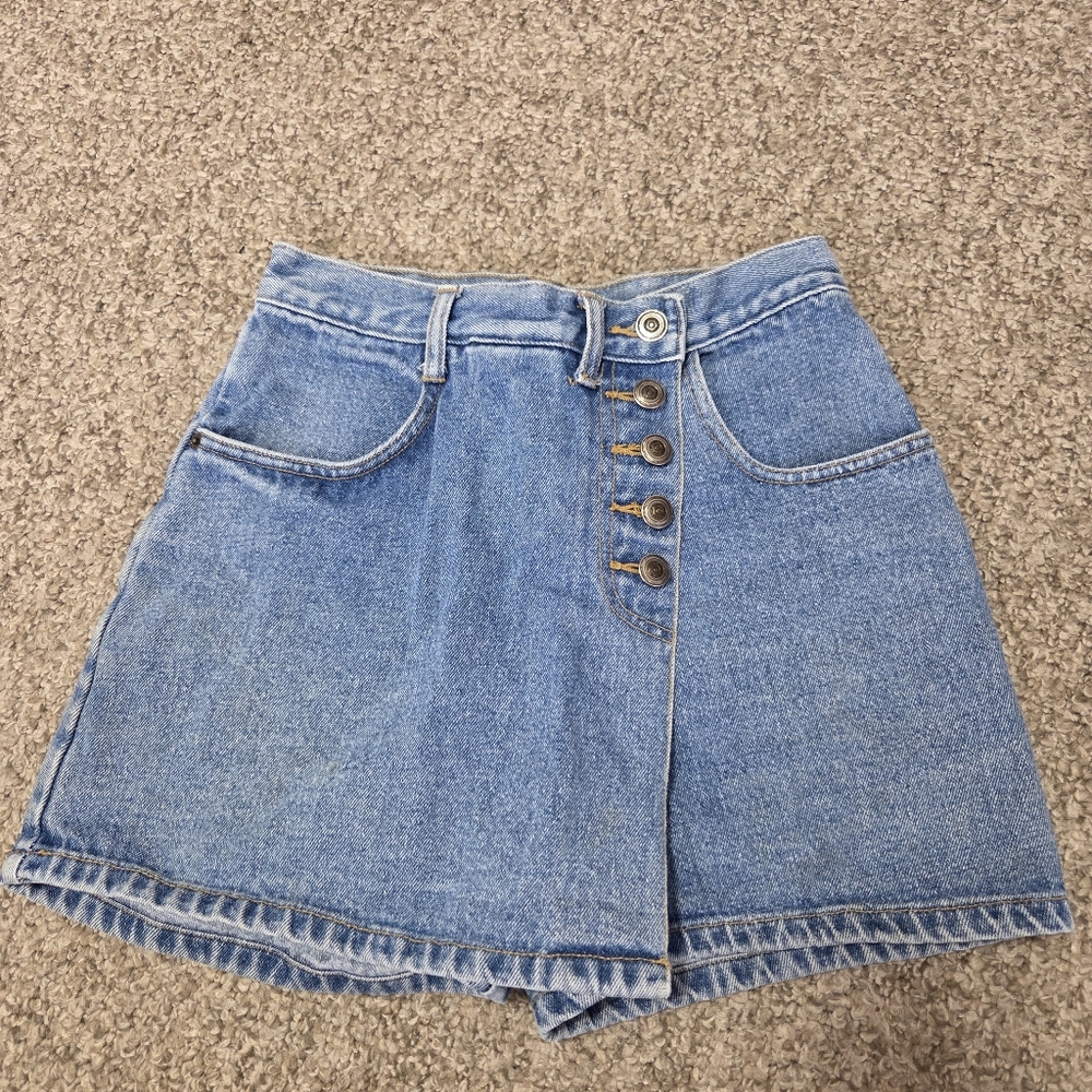 Button-Front Blue Denim Mini Skirt